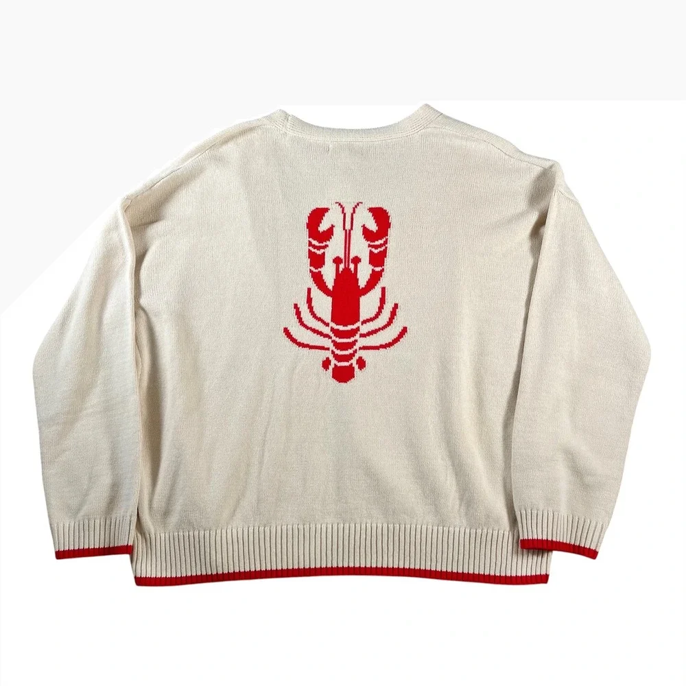 Luna x Sol NWT Lobster Graphic Knit Cardigan Sweater Ivory Red Size XL
